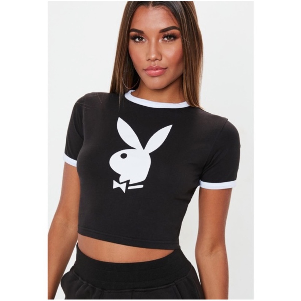 PLAYBOY x Missguided Black and White Logo Crop Top